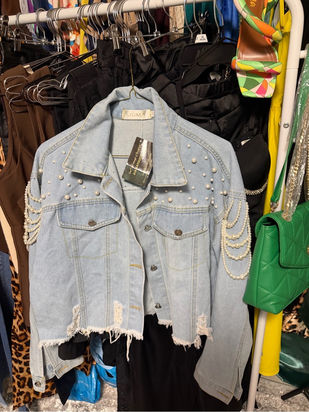 Beaded Pearl Light Wash Cropped Denim Jacket